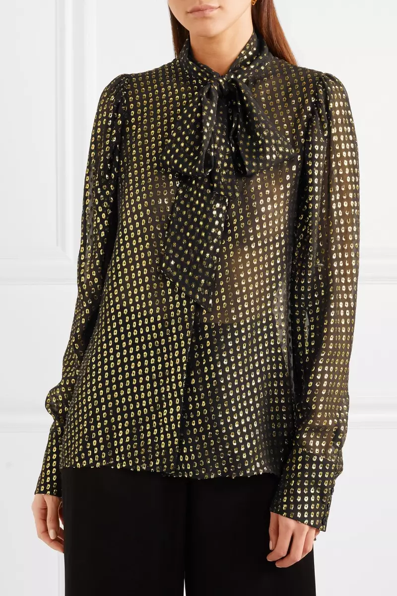 Stella McCartney Pussy-Bow Metallic Fil Coupé Silk-Blend Chiffon Blouse $875