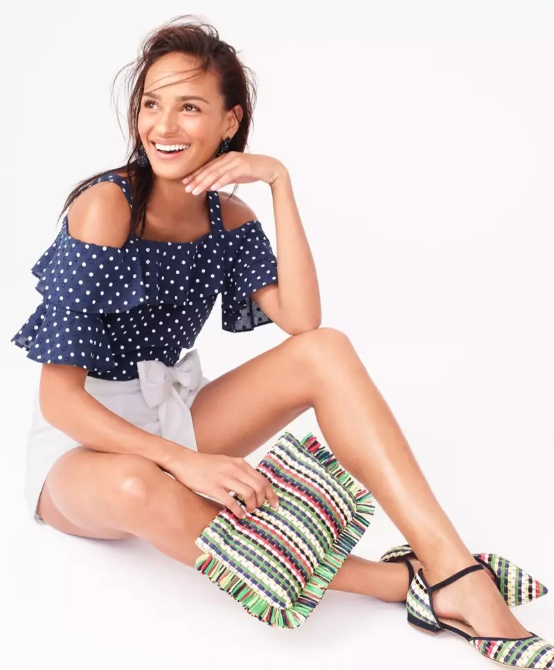 J. Crew Beaded Ball Earrings, Polka-Dot Cold-Shoulder Top, Tie-Waist Short in Cotton Poplin, Striped Straw Clutch និង Lily Raffia Flats