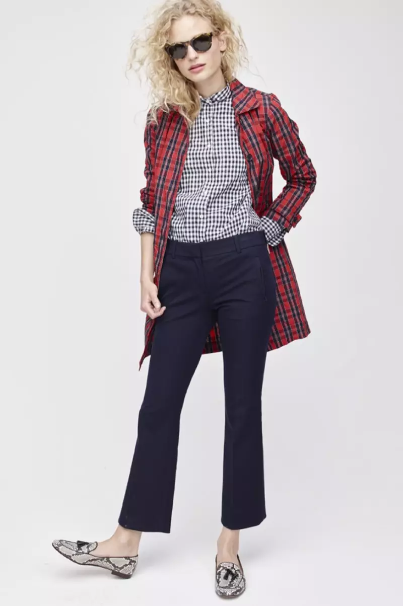 J. Crew Collection Red Plaid Trench Coat nan Nylon, J. Crew Club Collar Boy Shirt in Gingham, Teddie Pant, Charlie Tassel Loafers in Snakeskin-Printed Leather and Jane Sunglasses