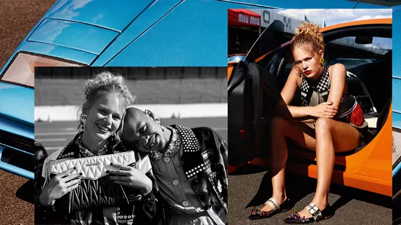 Anna Ewers en Slick Woods binne allegear glimket yn Miu Miu syn resort 2018 kampanje