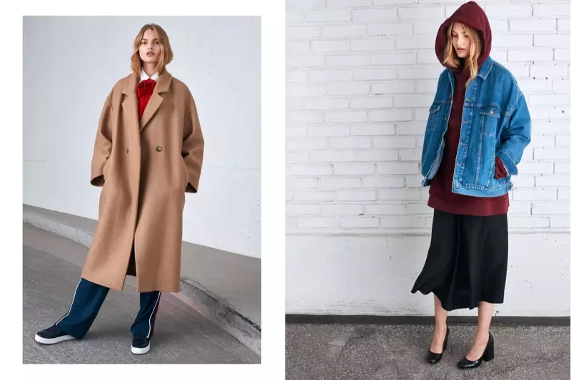 (Vlevo) H&M oversized kabát, oversized bavlněná košile, úzký saténový šátek a tepláky (vpravo) H&M oversized džínová bunda, oversized mikina s kapucí a sukně v délce do lýtek