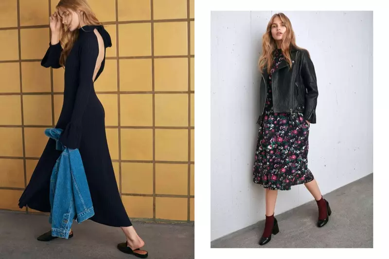 (Gauche) Robe côtelée à volants H&M et veste en jean oversize (Droite) Veste motard en cuir H&M et robe à motifs