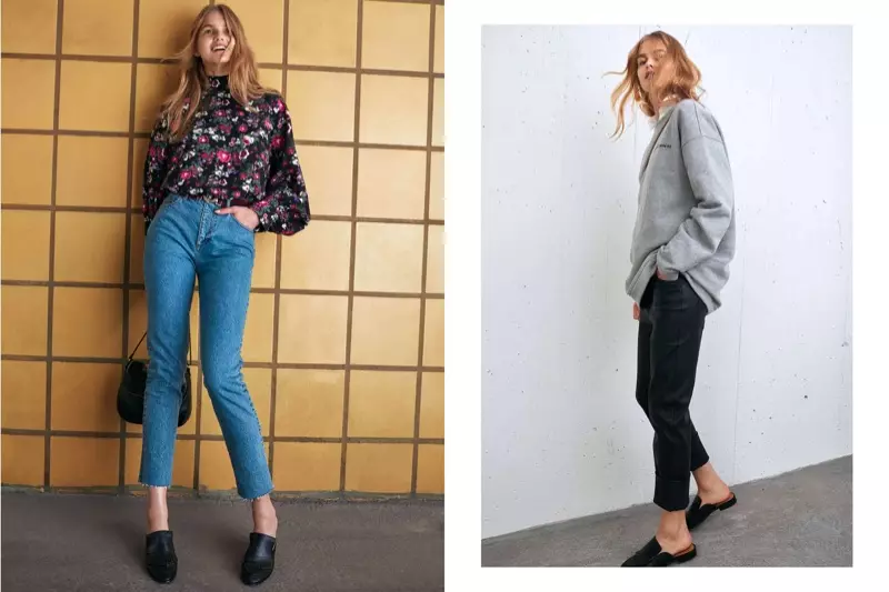 (Lénks) H&M Breet-Schnëtt Blouse, Héich Taille Jeans a Schëllerbeutel (riets) H&M Oversized Sweatshirt a Lieder Hosen