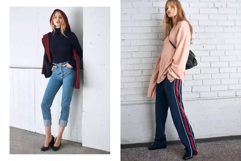 (Trái) Áo len cổ lọ có gân, Áo len có mũ trùm đầu quá khổ và quần jean cạp cao của H&M (Phải) Áo len Cashmere H&M, Quần thể thao và Túi đeo vai