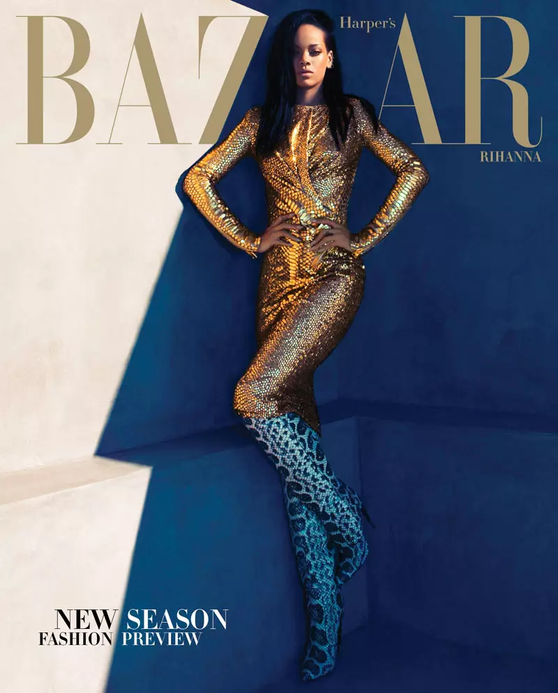 Rihanna faz capa da Harper's Bazaar nos EUA em agosto de 2012 por Camilla Akrans