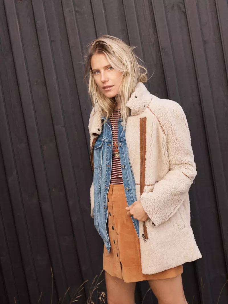 អាវក្រោះ Shearling Jacket របស់ Madewell, អាវធំ Jean Jacket ក្នុង Capstone Wash, អាវដៃវែង Crewneck Bodysuit in Stripe, Velveteen Metropolis Snap Skirt និង Concept Pendant Necklace