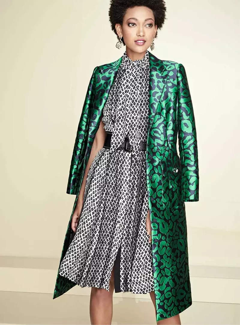 Oscar de la Renta Leopard Jacquard A-Line Coat, Printed Sleeveless Dress with Scarf, Wide Asymmetric Waist Belt and Intertwined Statement Earrings