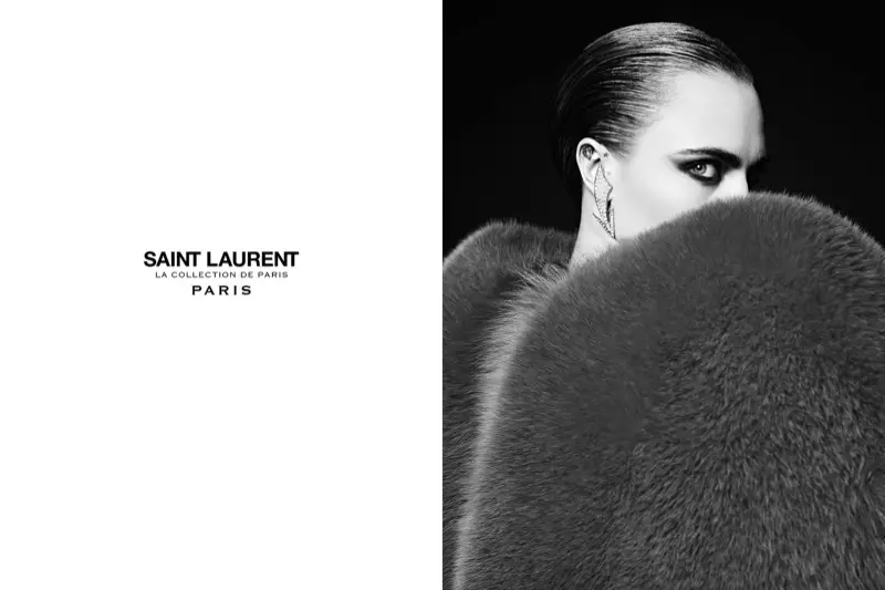 Fotografearre troch Hedi Slimane, Cara Delevingne modelleart in bontjas