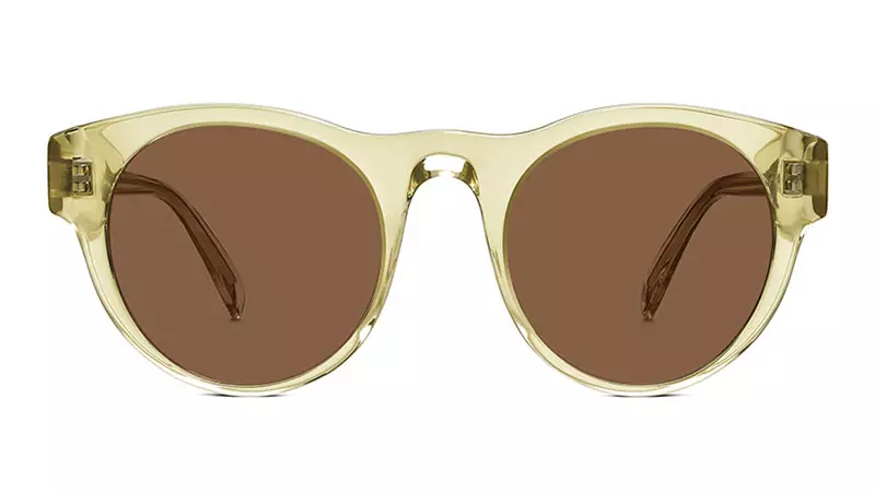 Warby Parker Jones looj tsom iav dub hauv Lemongrass Crystal nrog Classic Brown Lenses $95