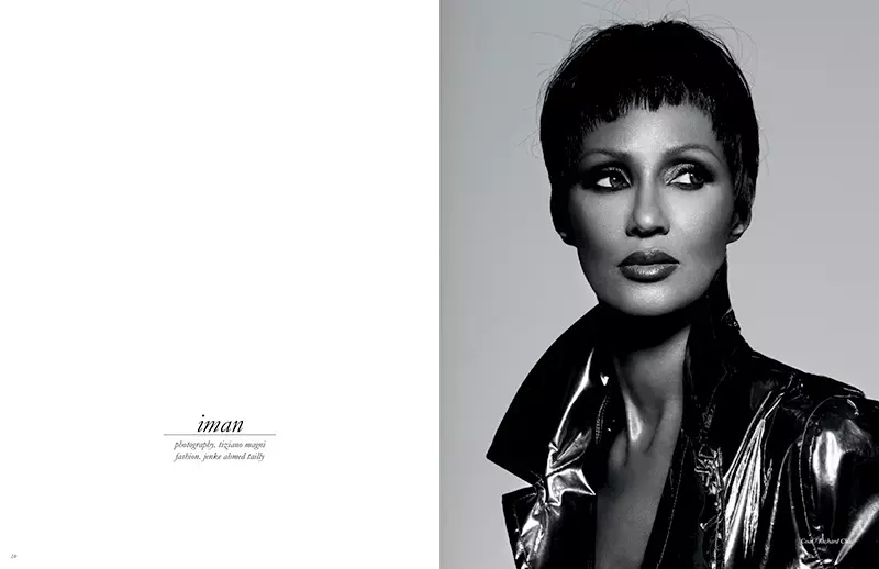 Iman modela un peinado corto en la editorial