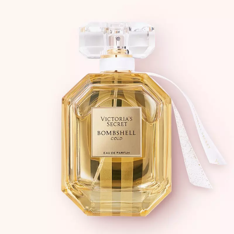 Rigardo al la parfumbotelo de Victoria's Secret Bombshell Gold.