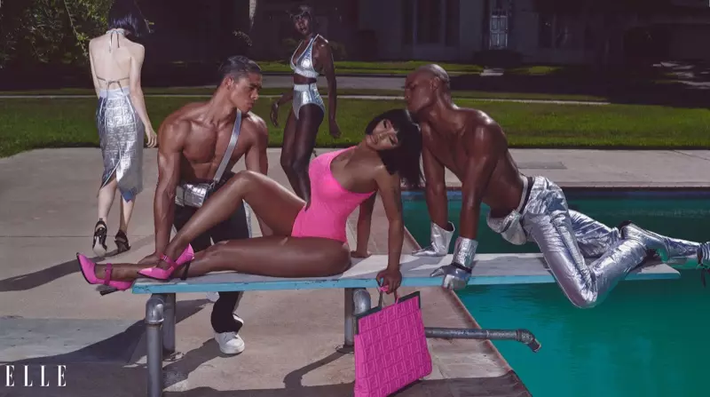 Posing poolside, Nicki Minaj model Fendi Prints Dina swimsuit di pink panas