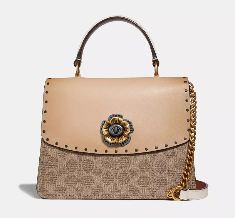 Coach Parker Top Handle ჩანთა ხელმოწერის ტილოში მოქლონებით $395