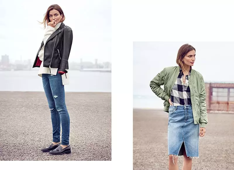 （左）H&M 機車夾克、寬剪裁高領毛衣、修身常規牛仔褲和皮樂福鞋（右）H&M 飛行員夾克、法蘭絨襯衫和牛仔裙