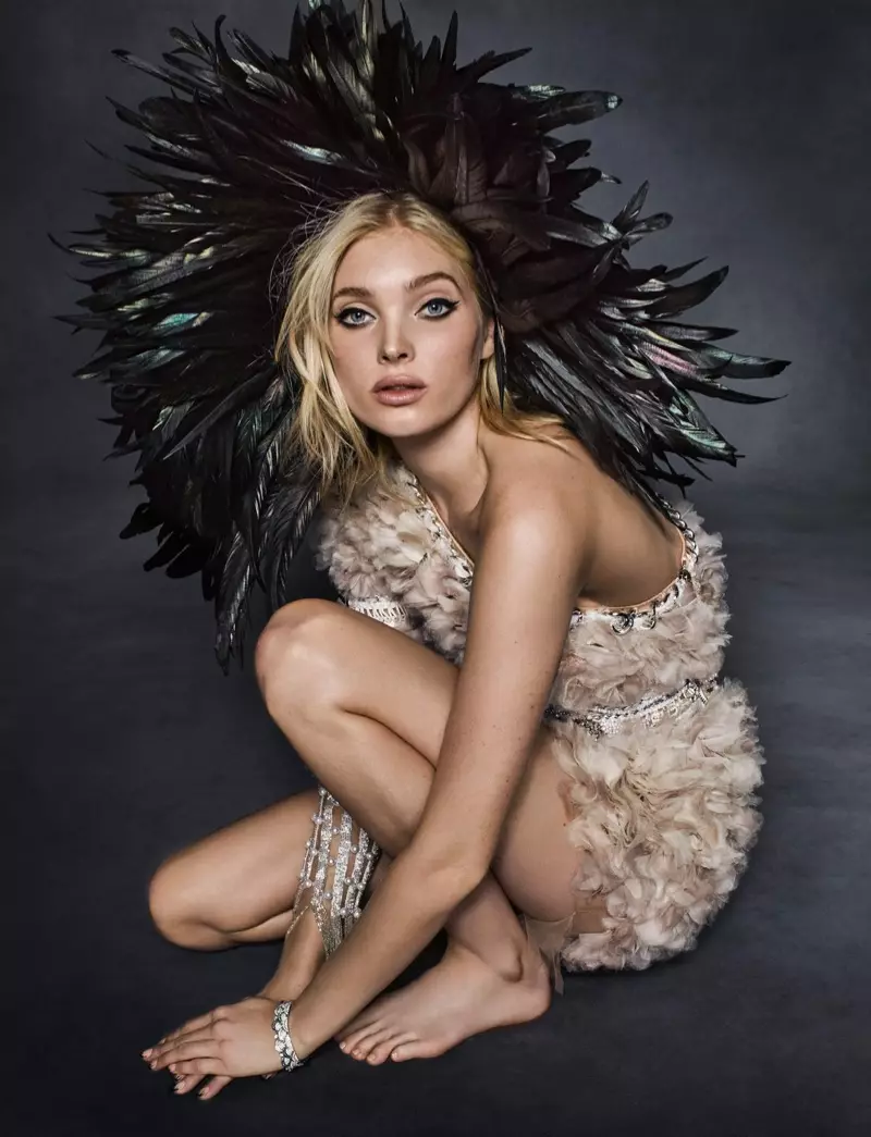Elsa Hosk Models Fierce Feather Fashion for Harper's Bazaar