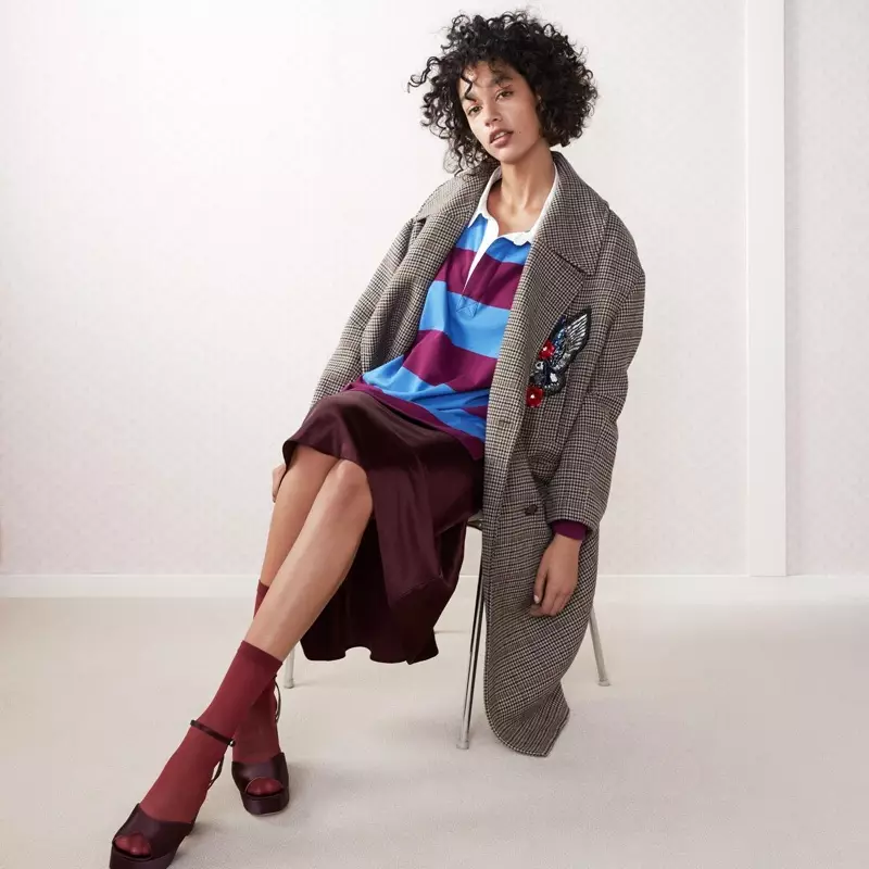 H&M Wool-Blend Coat, Striped Rugby Shirt, Calf-Length Satin Skirt at Satin Platform Sandals