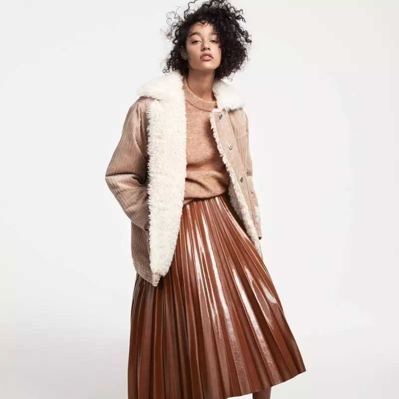 H&M Pile-Lined Corduroy Jacket, Knit Sweater at Pleated Skirt