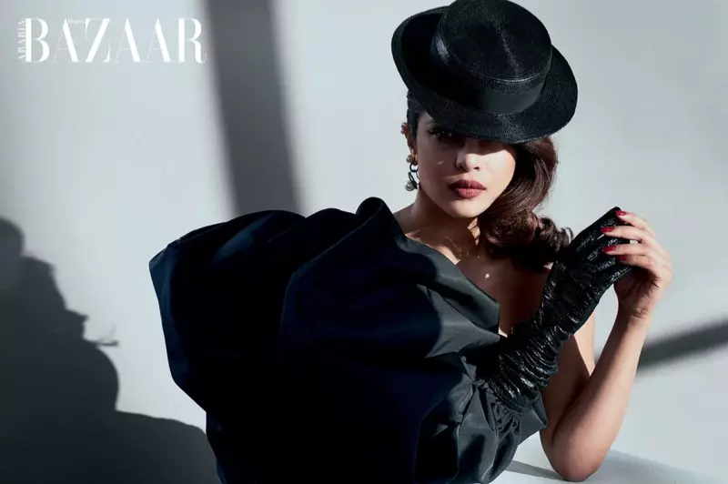 L'attrice Priyanka Chopra indossa abito Saint Laurent, cappello e orecchini con guanti LaCrasia