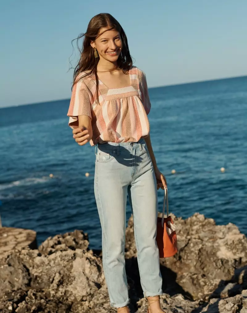 Madewell Texture & Thread Butterfly Top in Sherbet Stripe, The Perfect Summer Jean in Fitzgerald Wash and The Siena Convertible Bucket Bag