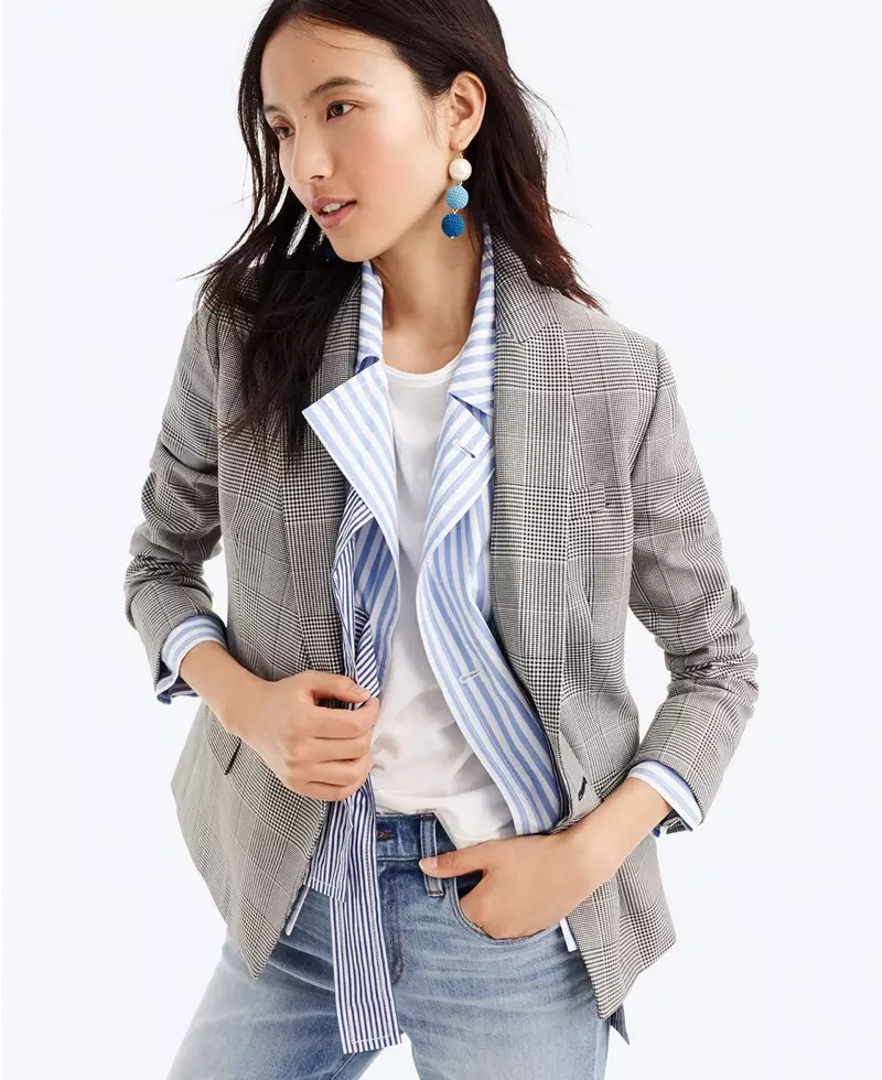 J. Crew Dover Blazer in Glen Plaid, Bow-Front Cropped Jacket in Mixed Stripe, 9