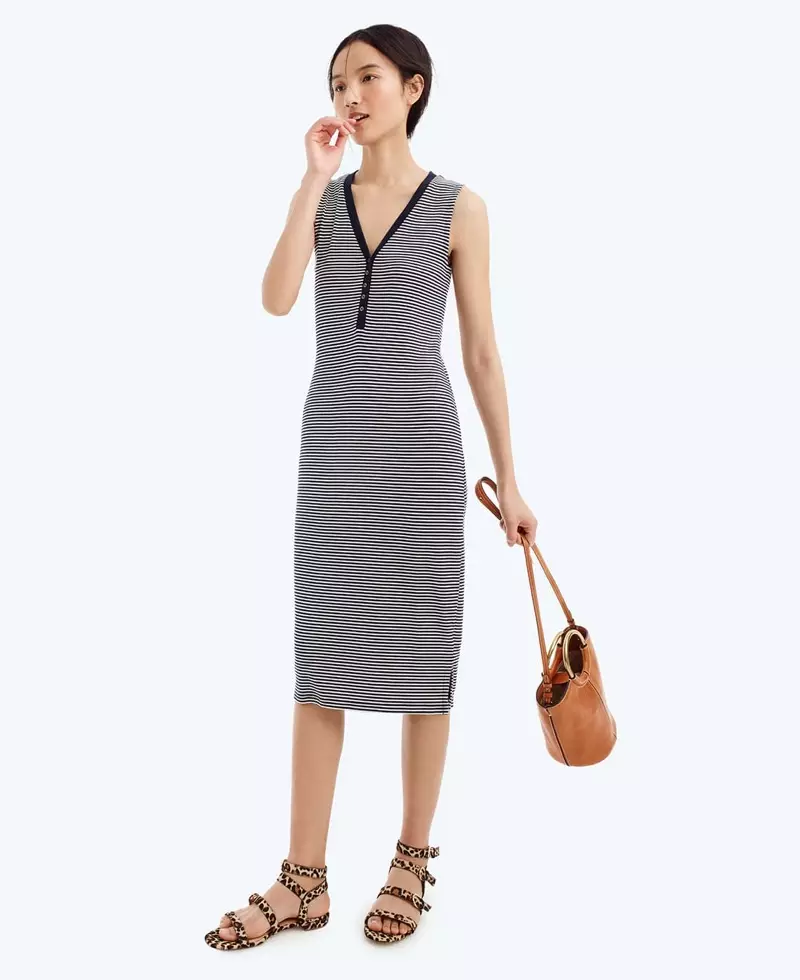 J. Crew Sleeveless Henley Midi Dress in Stripe, Bracelet Bucket Bag and Buckled Gladiator Sandals