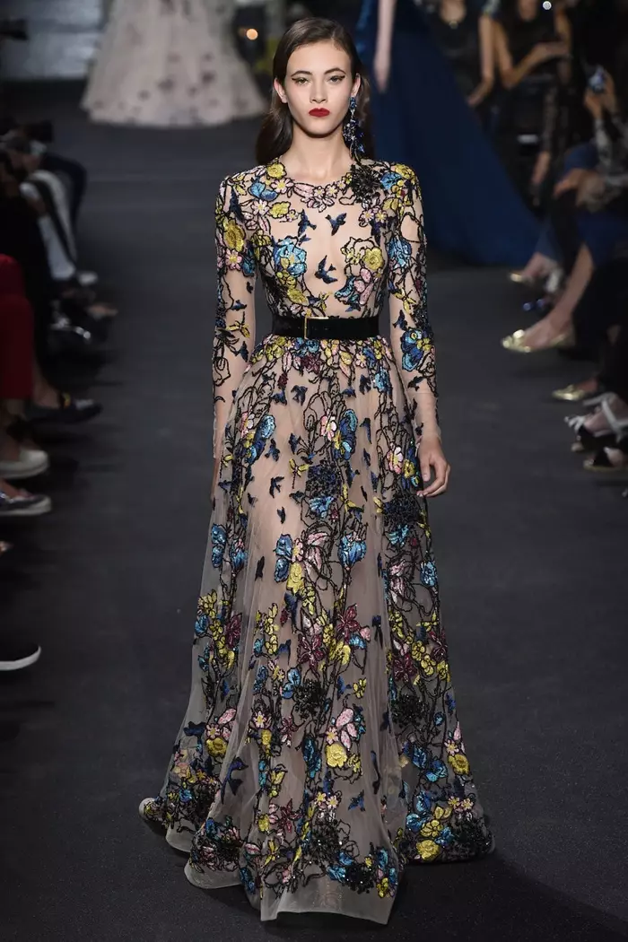 Elie Saab rudens 2016 Haute Couture: kleita ar garām piedurknēm un caurspīdīgu aplikāciju