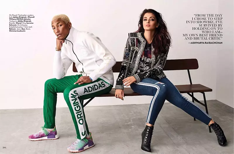 Pharrell Williams와 함께 포즈를 취한 Aishwarya Rai는 Zara 진과 Christian Louboutin 부츠가 달린 Balmain 티셔츠와 재킷을 입고 있습니다.