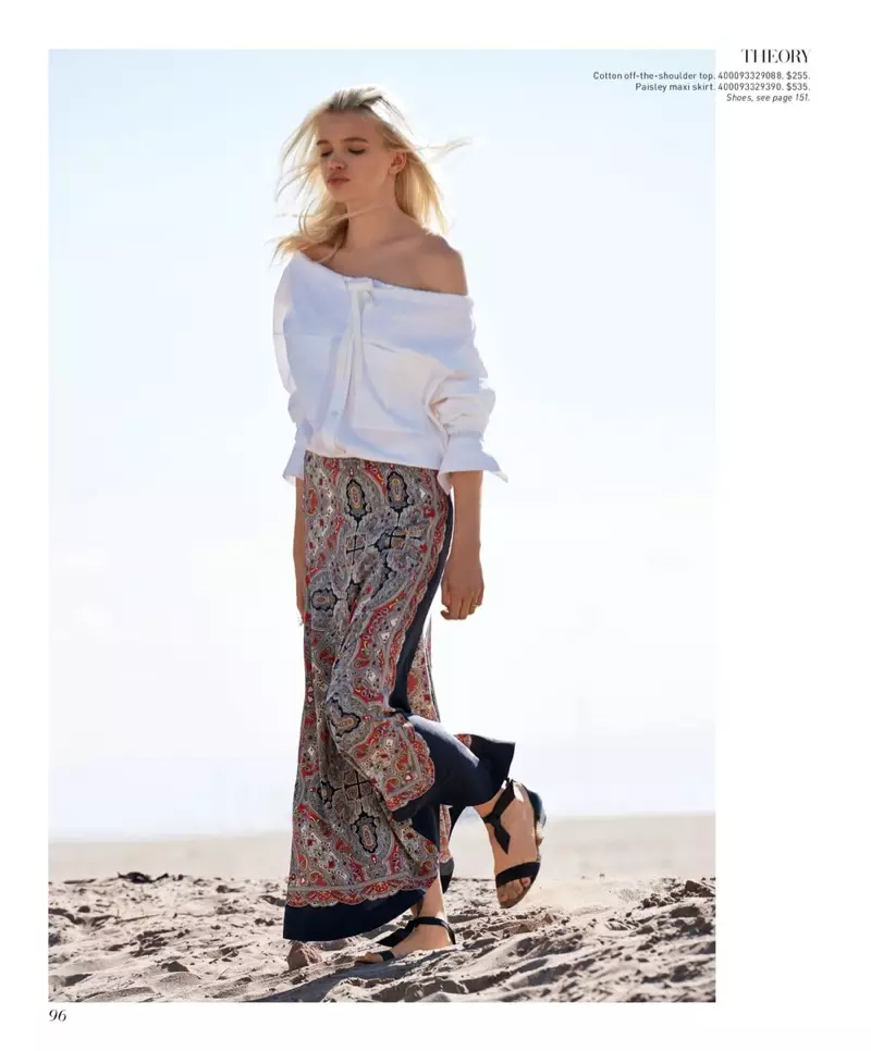 Theory Magena Stretch-Cotton Shirt $255, Theory Bitrah Premont Silk Maxi Skirt $535 dan Alexandre Birman Atenah Woven Leather Demi-Wedge Sandals