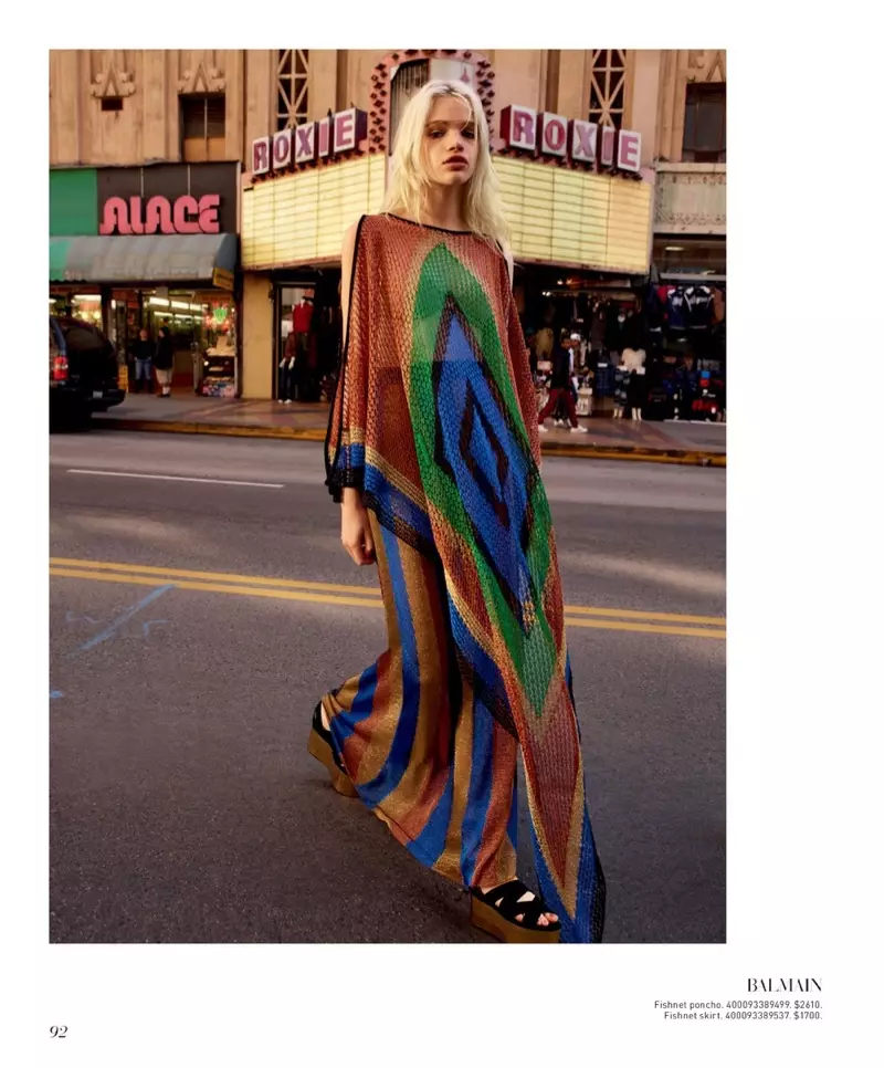 Balmain Fishnet Inca-Print Gown $2,610 နှင့် Fishnet Long Striped Skirt $1,700