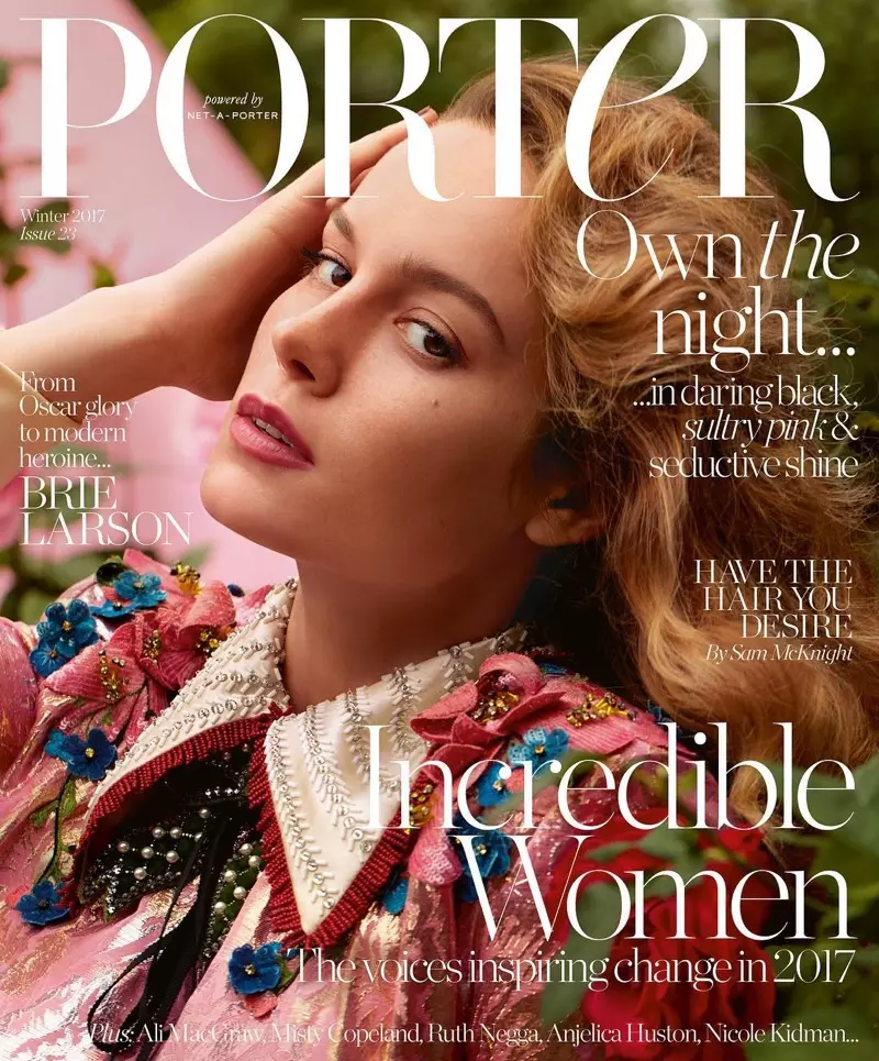 Die Schauspielerin Brie Larson trägt ein Gucci-Kleid auf dem Cover des PORTER Magazine Winter 2017