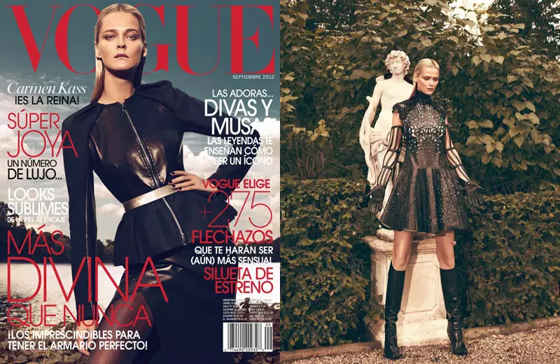 Carmen Kass ist für das September-Cover-Shooting der Vogue Latin America von Koray Birand in Schwarz gekleidet