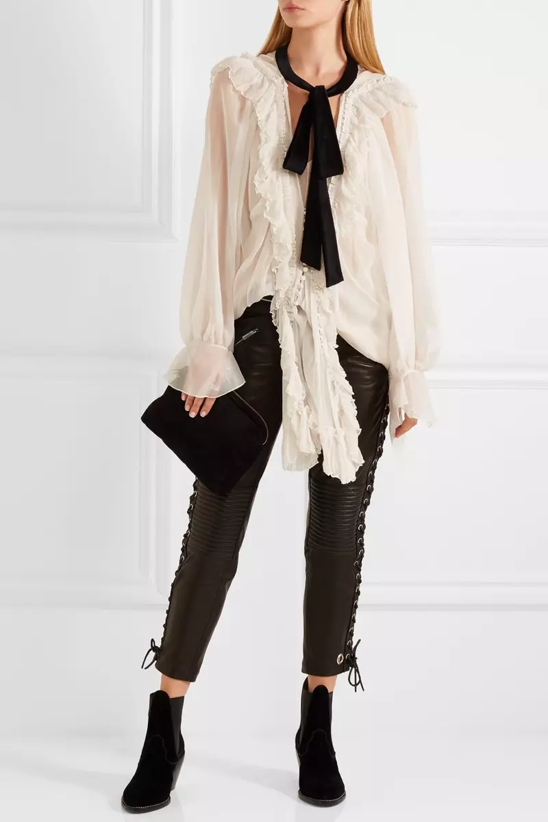 Chloe Velvet Trimmed Ruffled Seid Crepon Blouse