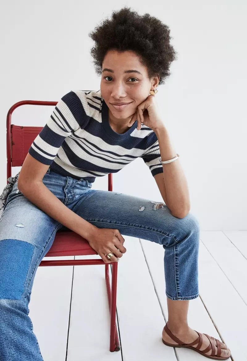 Madewell Ribbed Sweater Top in Stripe, Cruiser Straight Crop Jeans: Patched-Up Edition and The Boardwalk Multistrap Sandal