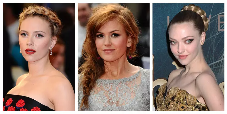 Scarlett Johansson, Isla Fisher og Amanda Seyfried viser flettede frisurer frem. Fotos: Shutterstock.com