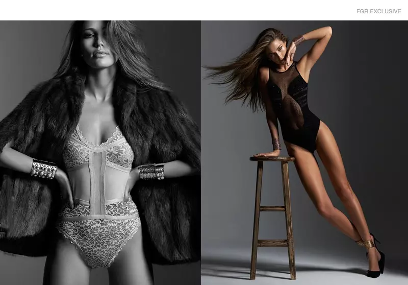 (L) Max Mara Fur Coat, Andrea Salazar Seta Lace Bodysuit , Tom Ford Nude Pumps, Sylvia Toledano Pearl Cuffs, Amber Sceats Earrings (R) La Perla Mesh Body Suit, Aguazzura Suede Pumps, Aurelie Bidermann Gold Lace Cuffs, Amber Sceats Earrings