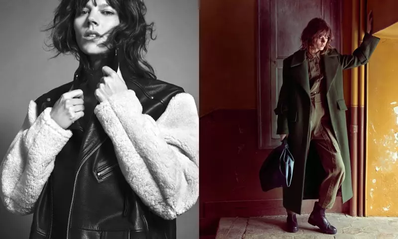 Freja Beha Erichsen memakai jaket shearling dalam kempen musim luruh-musim sejuk 2017 Mango