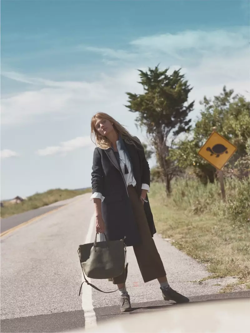 Madewell Teatro Swing Coat, uwe ogologo ọkpa n'ụkwụ buru ibu, Satchel ụgbọ njem na akpụkpọ ụkwụ Nash Laceup