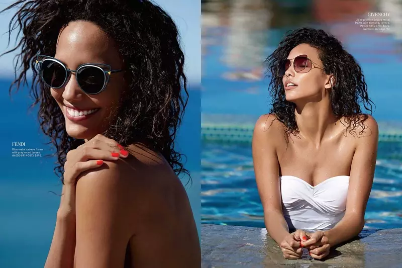 Nag-posing sa poolside, si Cora nag-modelo og puti nga mga swimsuit nga mouban sa designer sunglasses