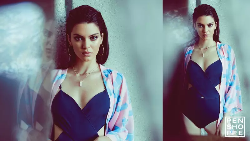 Kendall Jenner modelē viendaļīgu peldkostīmu un pludmales pārklājumu no Penshoppe