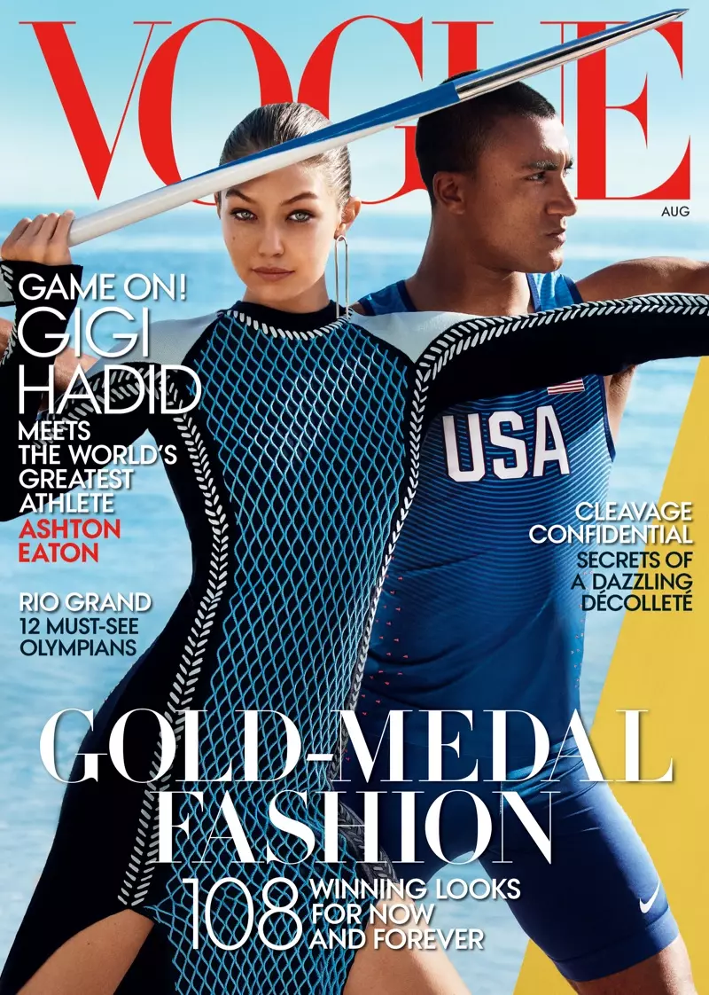 Gigi Hadid ar Vogue US August 2016 Cover gyda Ashton Eaton. Llun: Mario Testino