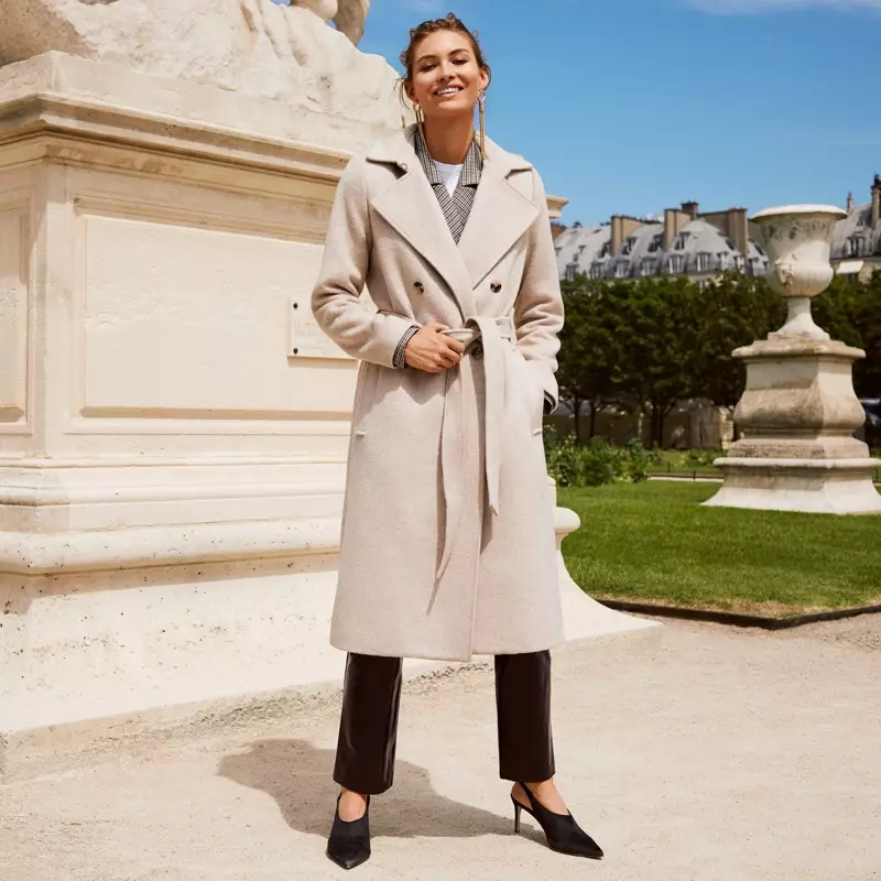 H&M Doble-Breasted Coat, Wool-Blend Coat, Cotton T-Shirt, Coated Leather Pants, Slingbacks ug Long Earrings