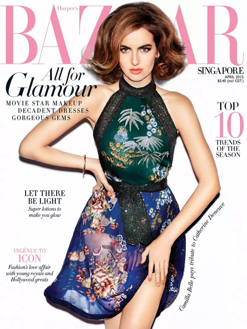 Camilla Belle menghiasi sampul April 2015 Harper's Bazaar Singapore.