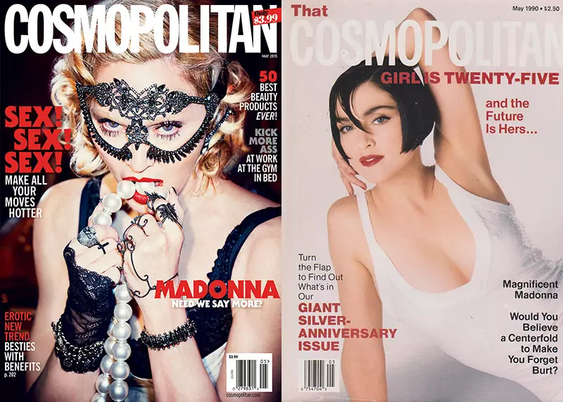 Madonna kwenye toleo la Cosmopolitan la Mei 2015 (L) na kwenye jalada la Cosmopolitan la Mei 1990 (R)