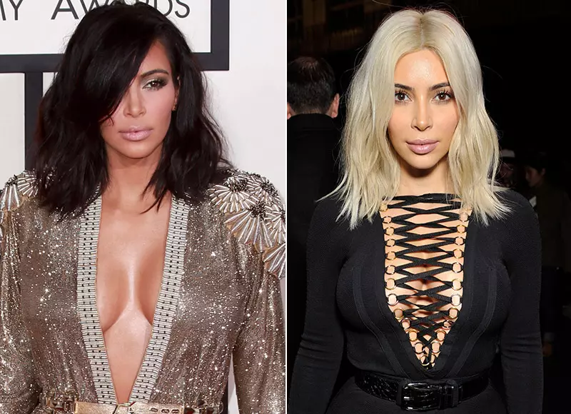 Kim Kardashian i ka lyer flokët e saj të zeza bjonde platin në vitin 2015, por i ka lyer përsëri më pak se një muaj më vonë. Foto: Helga Esteb / Shutterstock / Givenchy