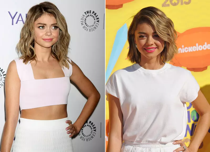 'Modern Family' စတား Sarah Hyland သည် သူမ၏ လှိုင်းတွန့်အတိုအရှည် ဆံပင်ကို ဘော်စတိုအဖြစ် လှီးဖြတ်ခဲ့သည်။ ဓာတ်ပုံ- Helga Esteb / Jaguar PS / Shutterstock.com