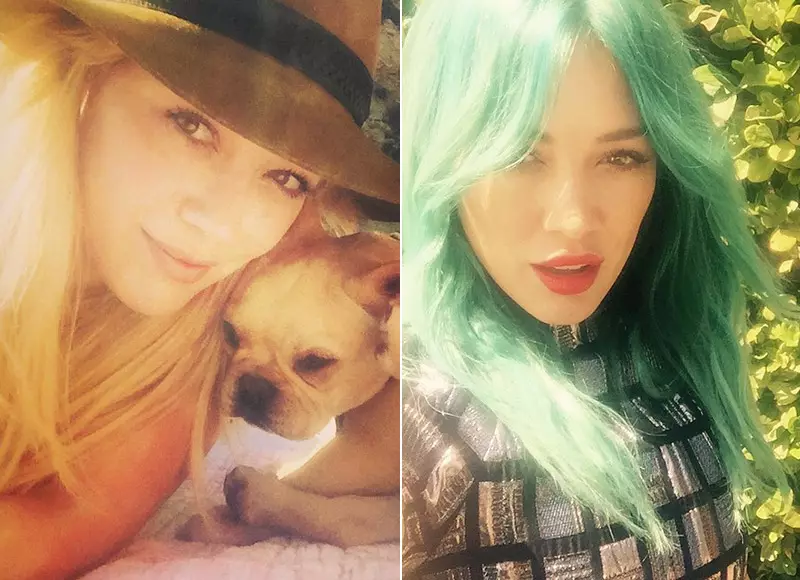 U-Hilary Duff usuke e-blonde waya ezinweleni eziluhlaza okwesibhakabhaka ngo-2015. Usanda kukhipha ama-pink tresses. Isithombe: Instagram.