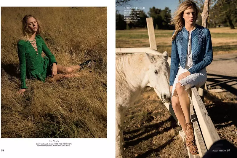 A l'aire lliure, Juliana modela un vestit de Balmain verd (L) i un bomber de cambrai amb pegat de Rebecca Taylor amb una faldilla i una part superior d'encaix (R)