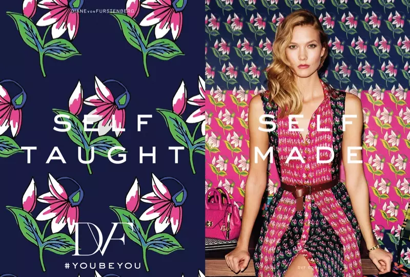 Karlie Kloss sanye da bugu riga daga DVF's spring 2016 tarin