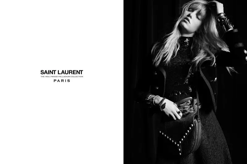 Útsaumuð hnakktaska er að framan og miðju í Palladium 2016 herferð Saint Laurent