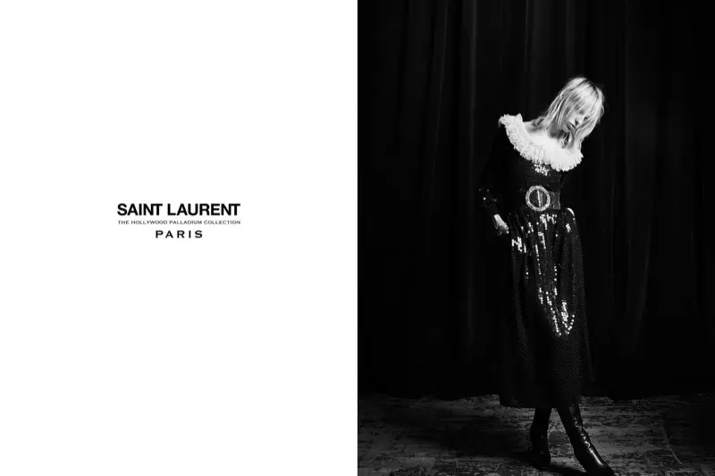 Samfuran Lili Sumner sequin da aka ƙawata riga tare da abin wuya daga tarin Saint Laurent na 2016 Palladium